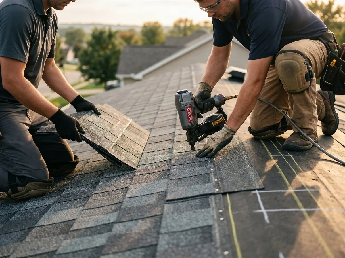 Professional roofer working on a residential roof in Casper